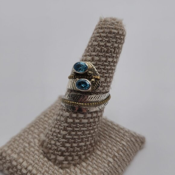 Size 8 Sterling Silver Aquamarine Gems Brass Accent Ring A3196 - Picture 4 of 10